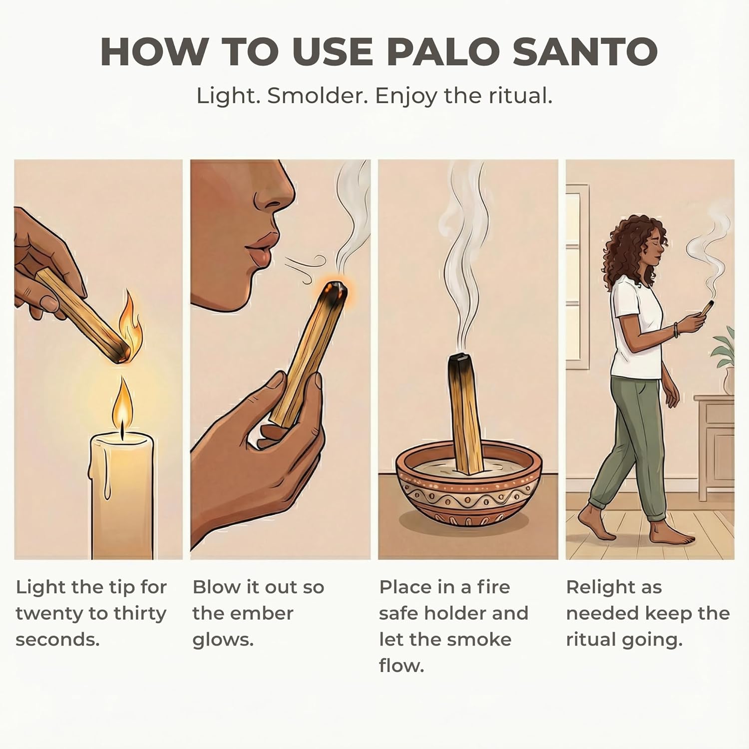 Step-by-step guide on how to use Palo Santo with illustrations and text.