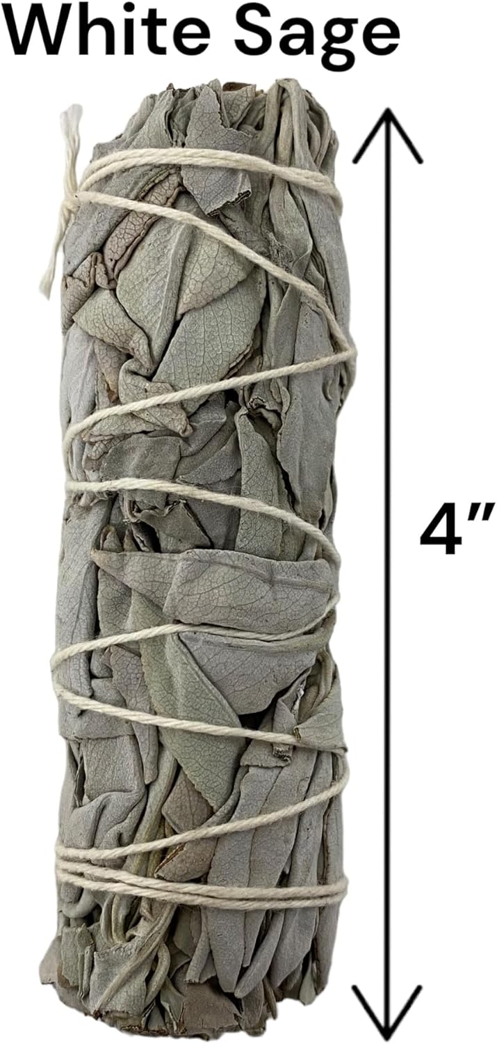White sage smudge stick tied with string, labeled 'White Sage' and '4"'.